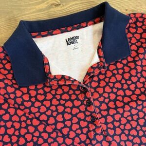 Lands End Womens Large Navy Blue Red Hearts 3/4‎ Sleeve Polo Shirt Top